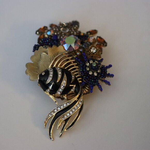 Vintage Signed Stanley Hagler Tropical Fish Large Brooch Pin Blue Gold Black Col